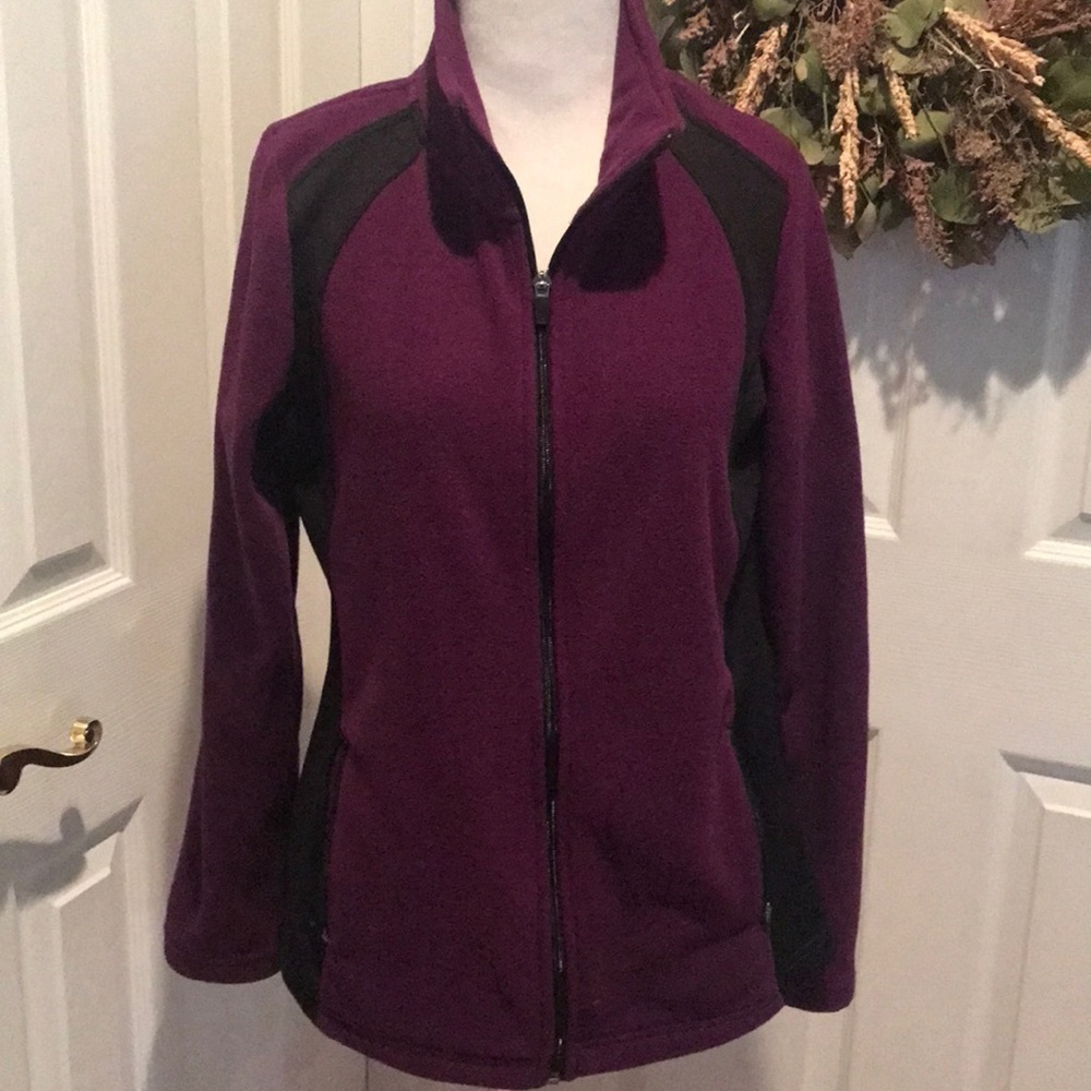 Plum and black full zip sweatshirt, warm and cozy